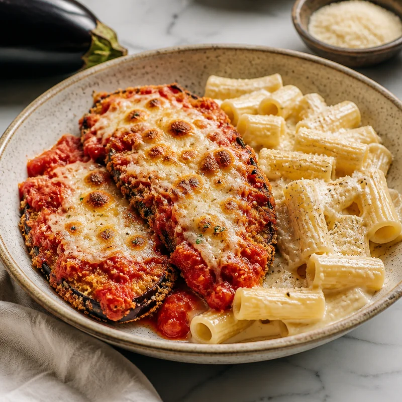 Oven-Roasted Eggplant Parmesan with Alfredo Rigatoni