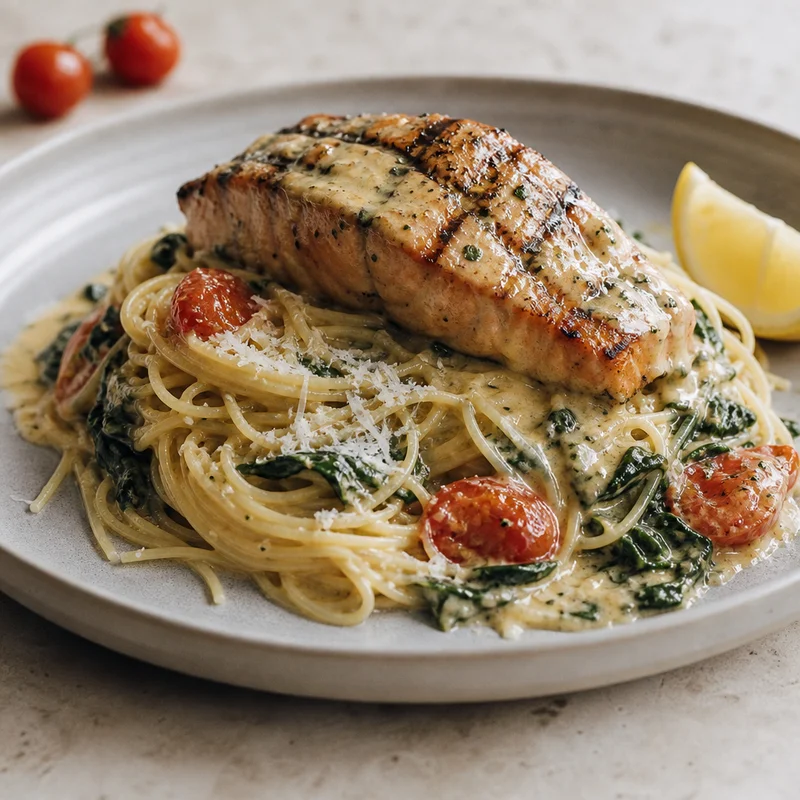 Grill-Pan Dijon Salmon with Capellini, Spinach & Tomatoes