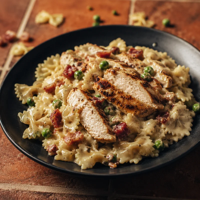 Chicken, Pancetta and Pea Alfredo with Farfalle