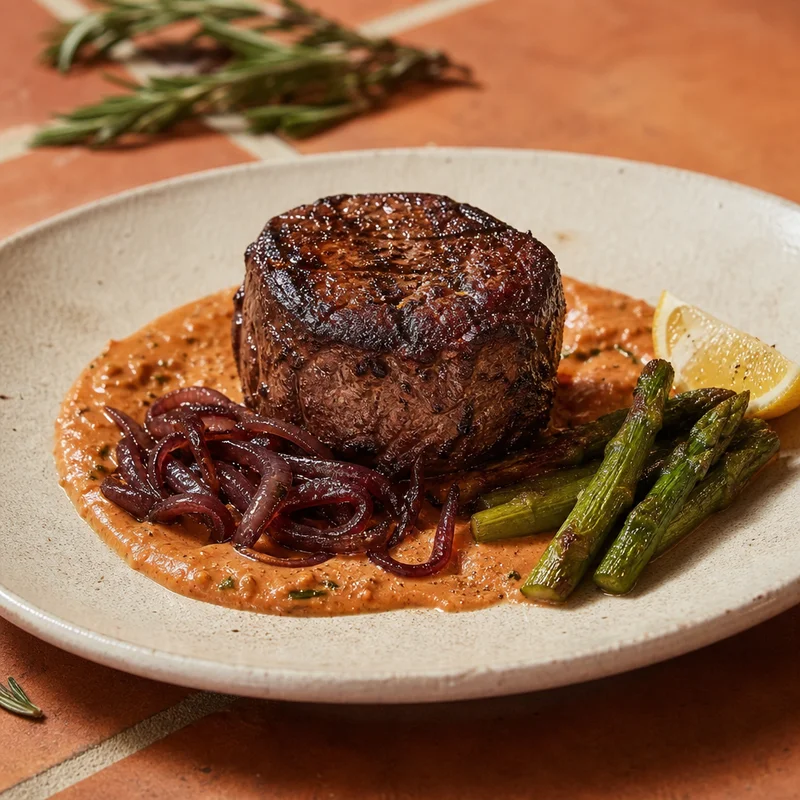Reverse-Seared Filet Mignon with Tomato Cream and Balsamic Onions