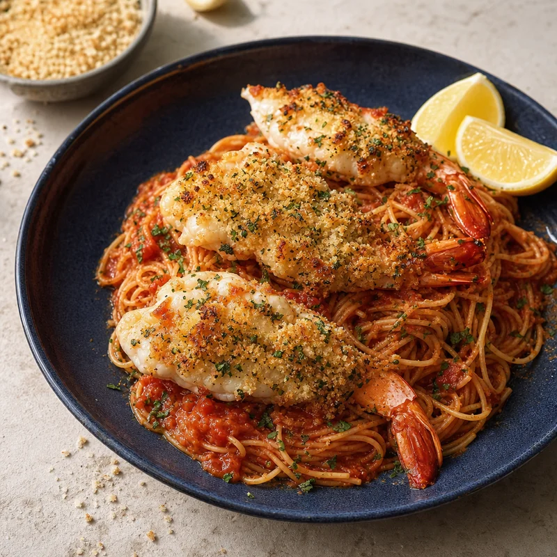 Broiled Shrimp Oreganata with Capellini in Tomato-Basil Sauce