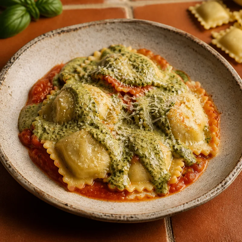 Four Cheese Ravioli with Marinara & Pesto Cream