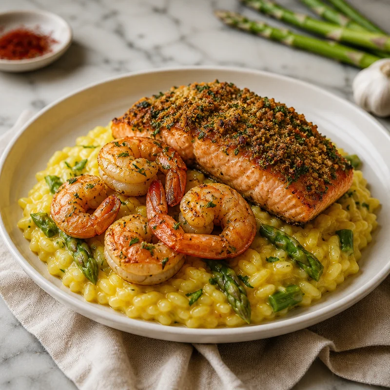 Saffron Asparagus Risotto with Crusted Salmon and Seared Shrimp