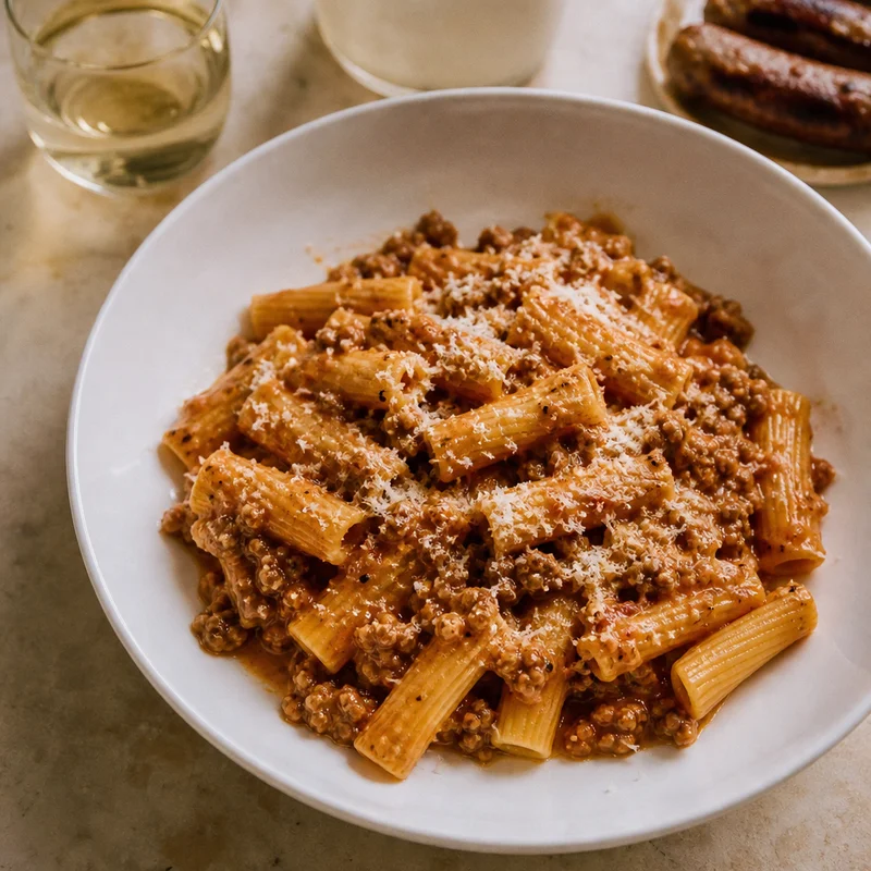 45-Minute Rigatoni Bolognese with Beef, Sausage & Cream