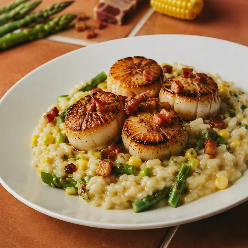 Seared Sea Scallop Risotto with Asparagus, Corn & Pancetta