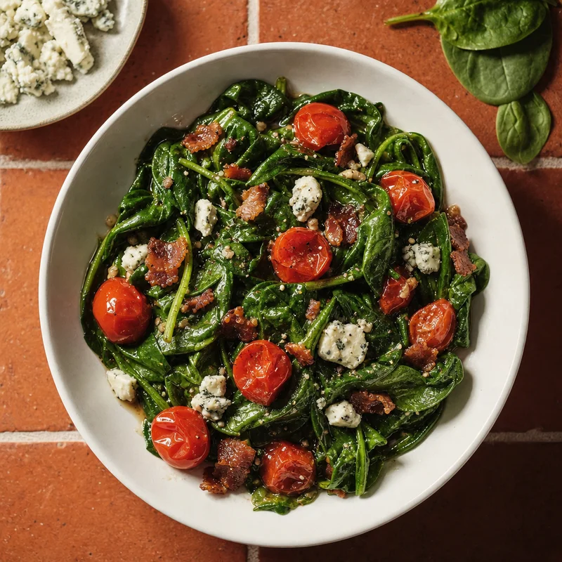 Warm Bacon-and-Tomato Vinaigrette Spinach Salad with Gorgonzola