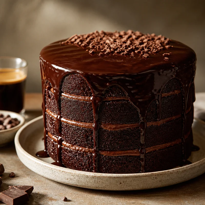 Four-Layer Chocolate Tower Cake with Glossy Ganache
