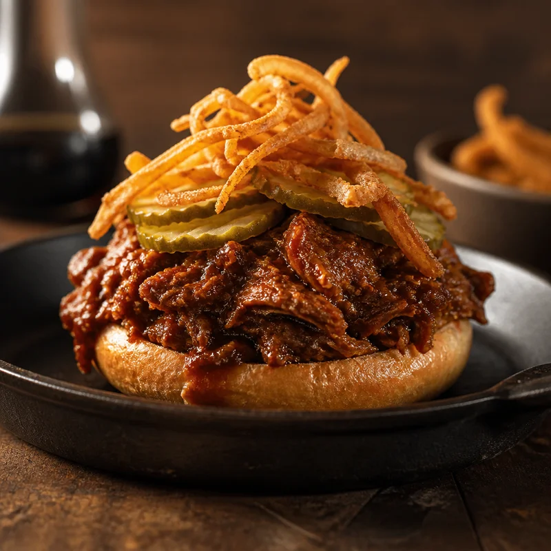 Braised Brisket Sloppy Joes with Crispy Onion Straws