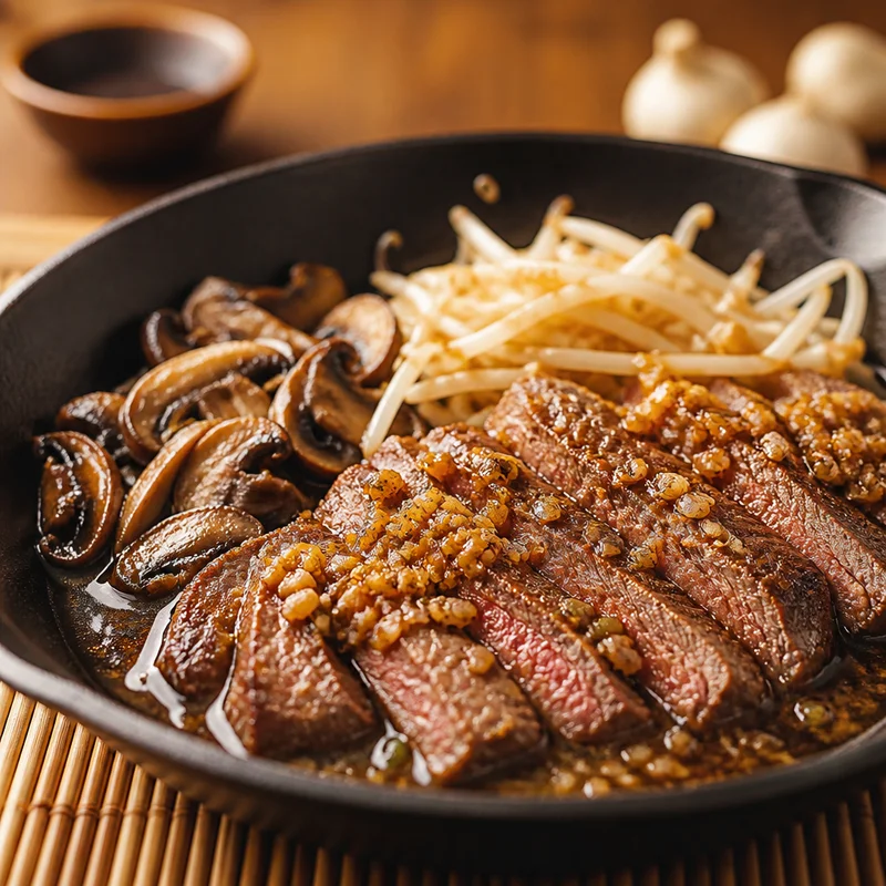Garlic Ponzu Ribeye with Skillet Mushrooms and Bean Sprouts