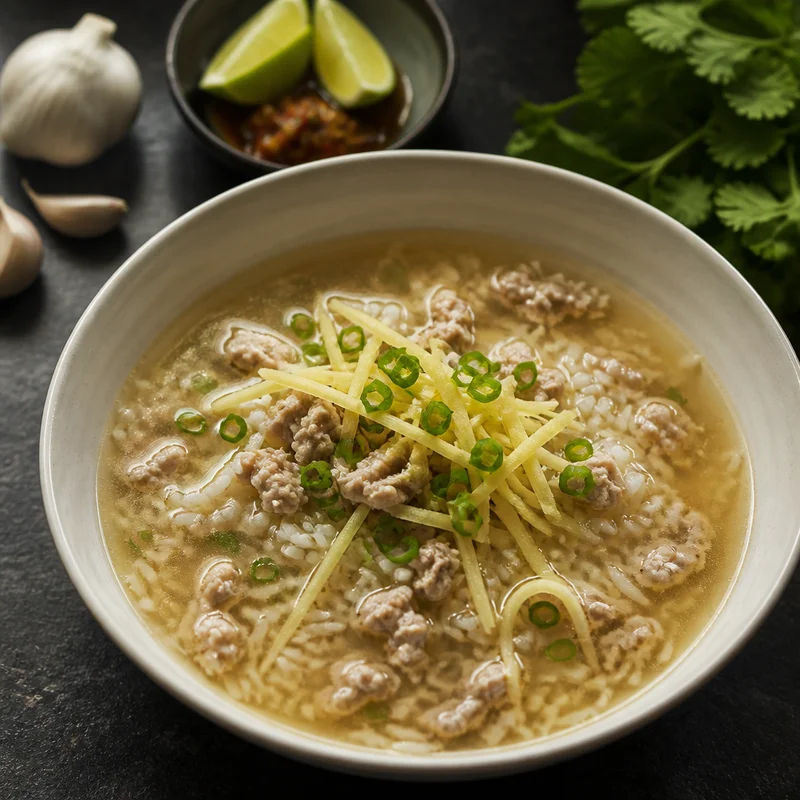 Thai Pork & Ginger Rice Soup with Fried Garlic Oil
