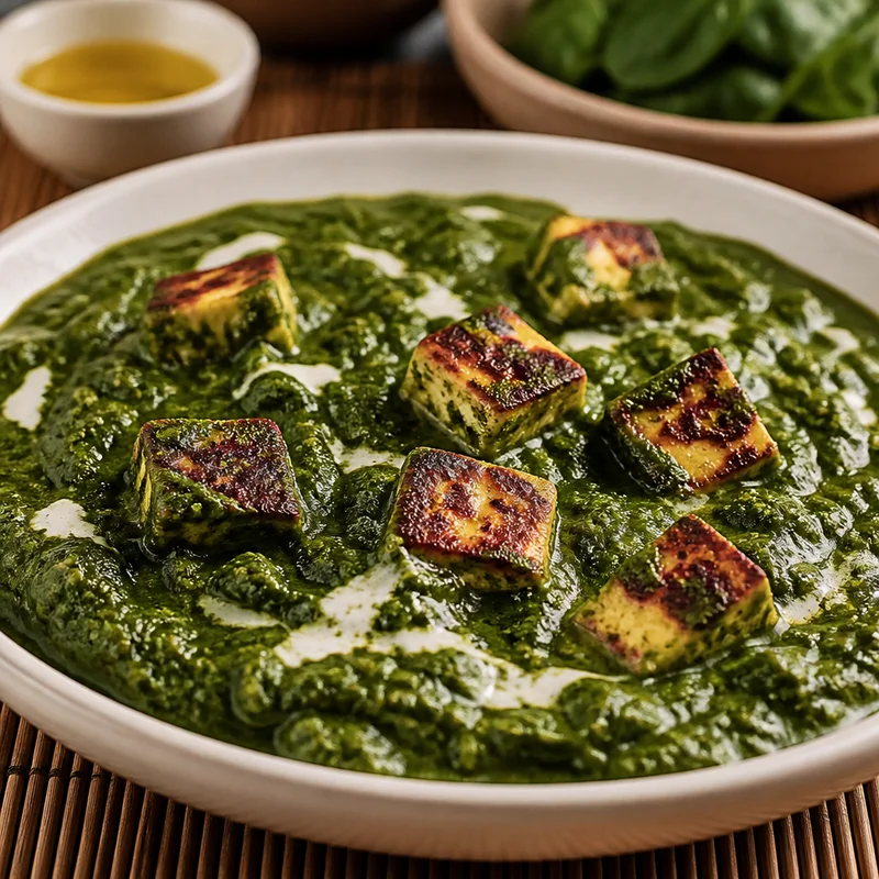 Bright Green Saag Paneer with Golden-Seared Paneer