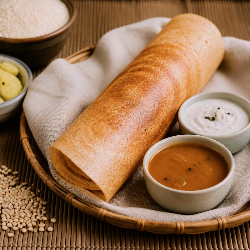 Two-Day Fermented Masala Dosa with Coconut Chutney and Sambar