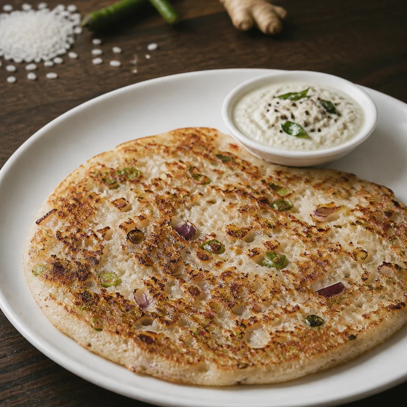 Onion-Chile Uttapam with Quick Coconut Chutney