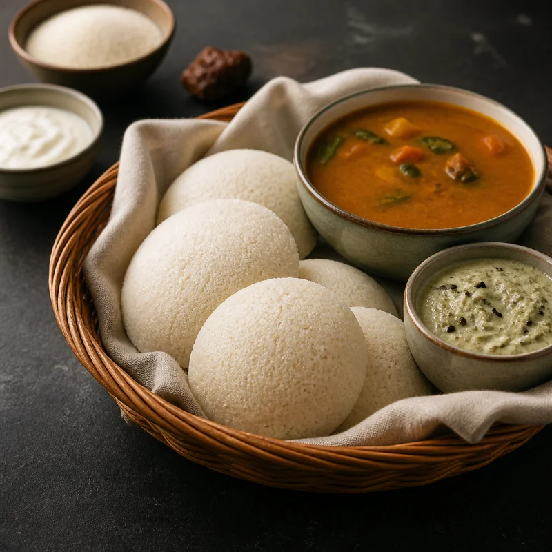 Same-Day Idli with Vegetable Sambar and Coconut Chutney