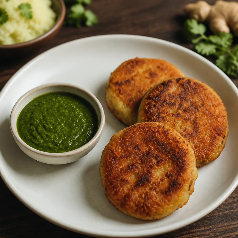 Crispy Skillet Aloo Tikki with Quick Mint Chutney
