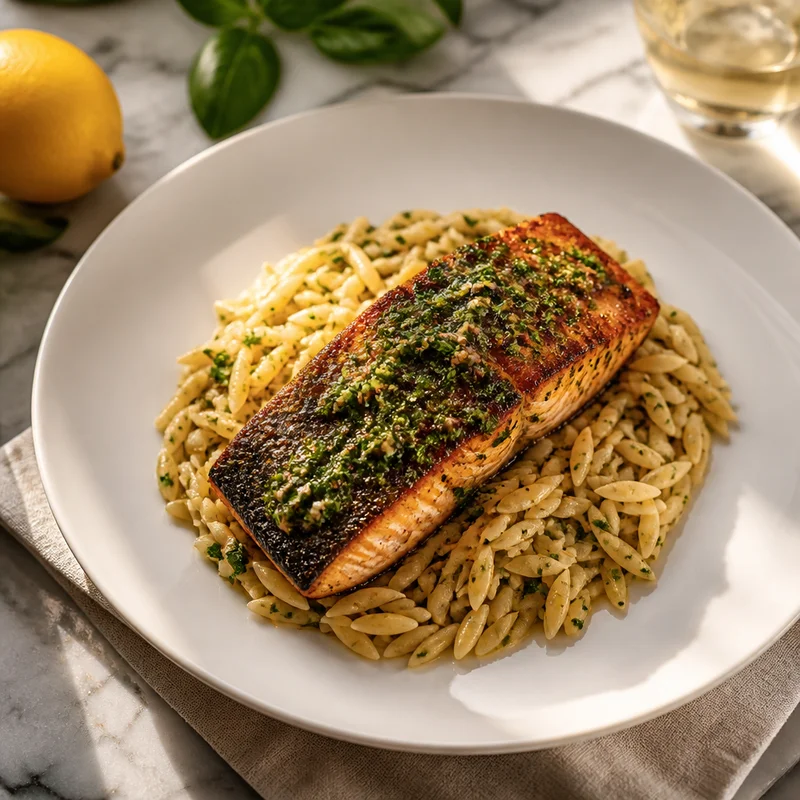Grilled Salmon with Basil-Herb Vinaigrette and Lemon Orzo