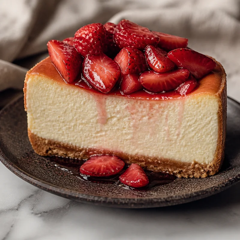 Crack-Free New York Cheesecake with Macerated Strawberries