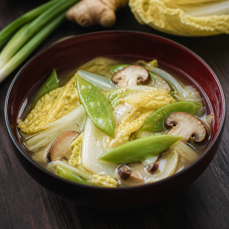 Clear Chinese Vegetable Soup with Napa, Snow Peas & Mushrooms