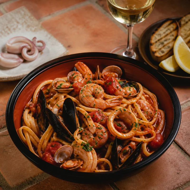 Frutti di Mare (Seafood Linguine in Tomato-Wine Broth)
