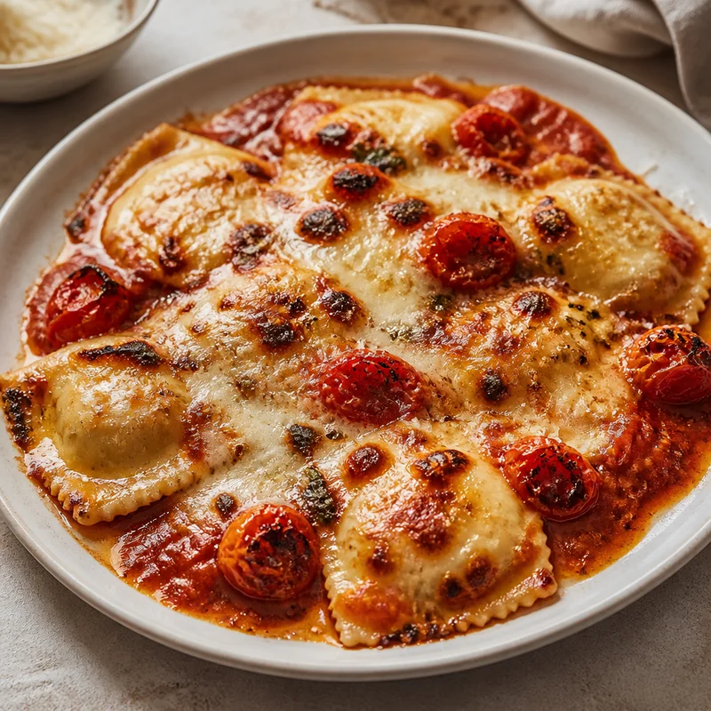 Skillet-Baked Cheese Ravioli with Blistered Tomato Butter Sauce
