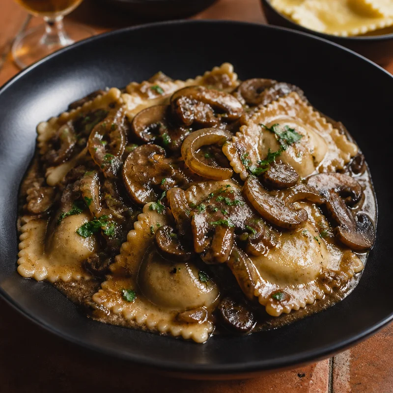 Mushroom Ravioli with Caramelized Onion–Porcini Marsala Sauce