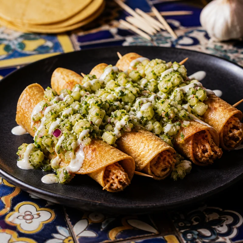 Crispy Chicken Flautas with Avocado-Tomatillo Salsa