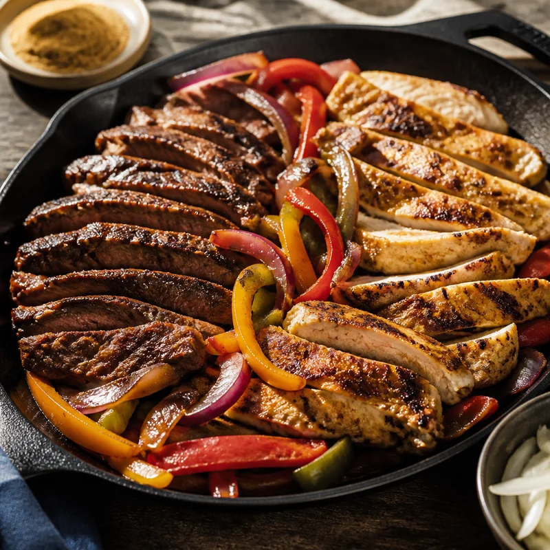 Two-Marinade Beef and Chicken Fajitas in One Skillet