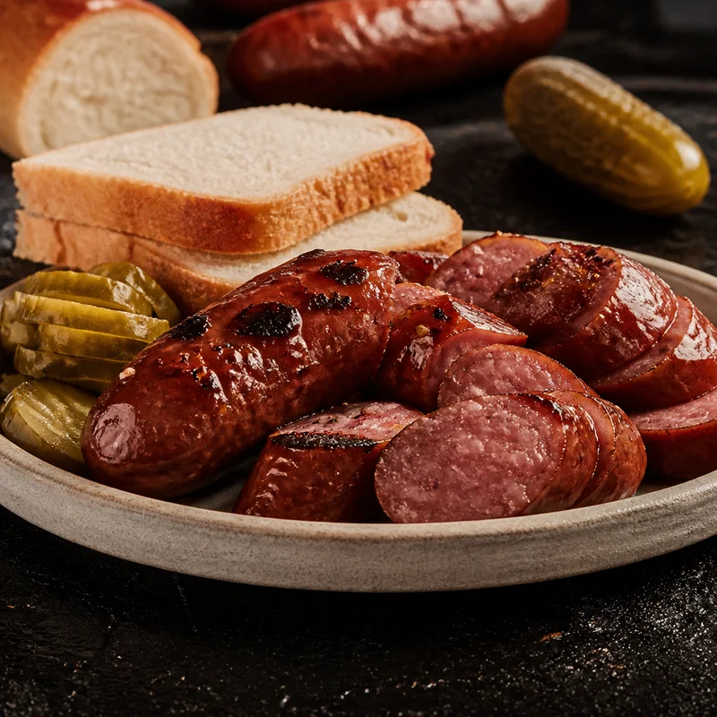 Slow-Grilled Smoked Sausage Links with Pickles and White Bread