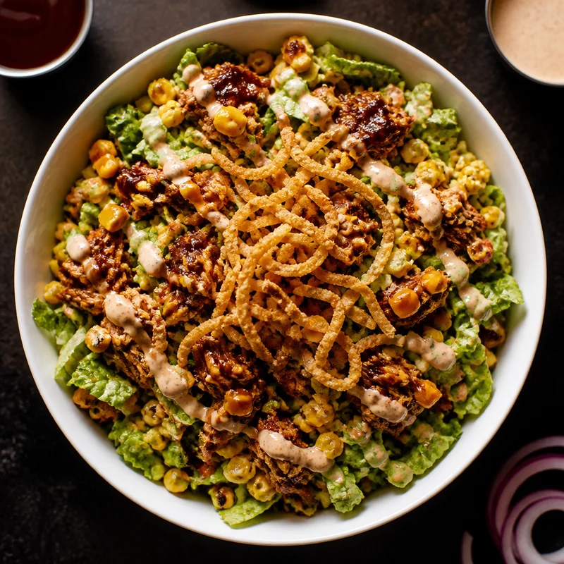 Pulled Pork Chopped Salad with BBQ Ranch and Crispy Onion Straws