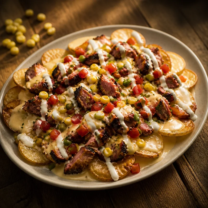 Loaded BBQ Potato Chips with Queso and Corn Relish