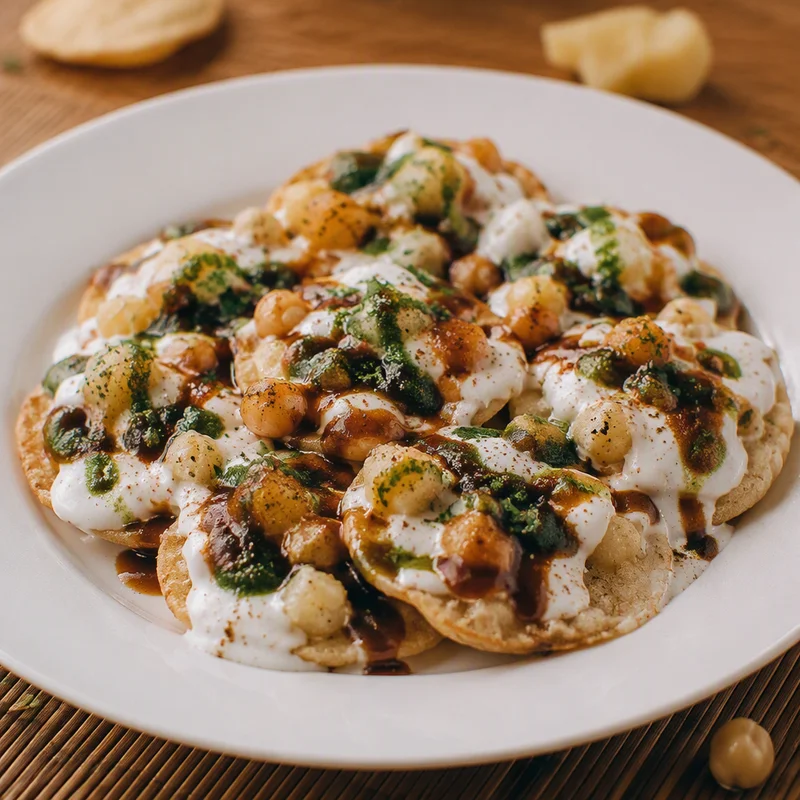 Papdi Chaat with Sweet Yogurt and Two Chutneys