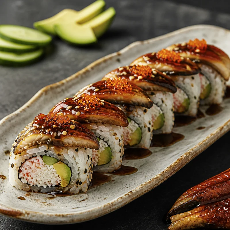 Dragon Roll with Warm Unagi and Eel Sauce