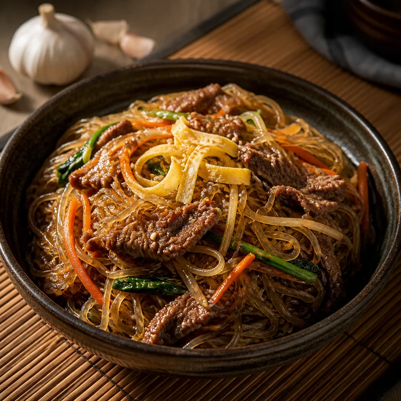 Japchae with Marinated Beef and Glass Noodles