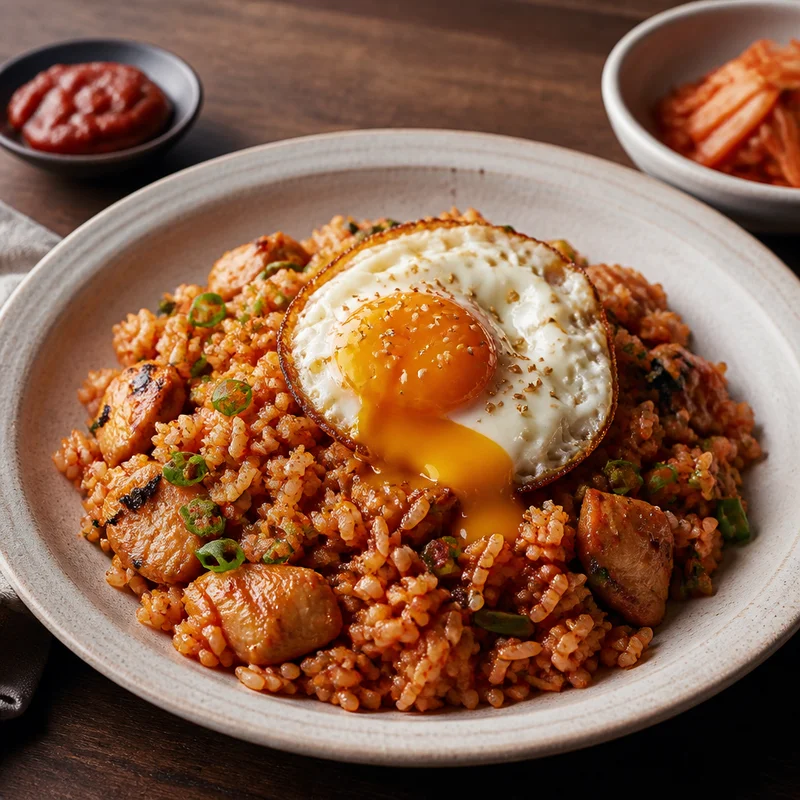 Kimchi Fried Rice with Chicken and a Runny Egg