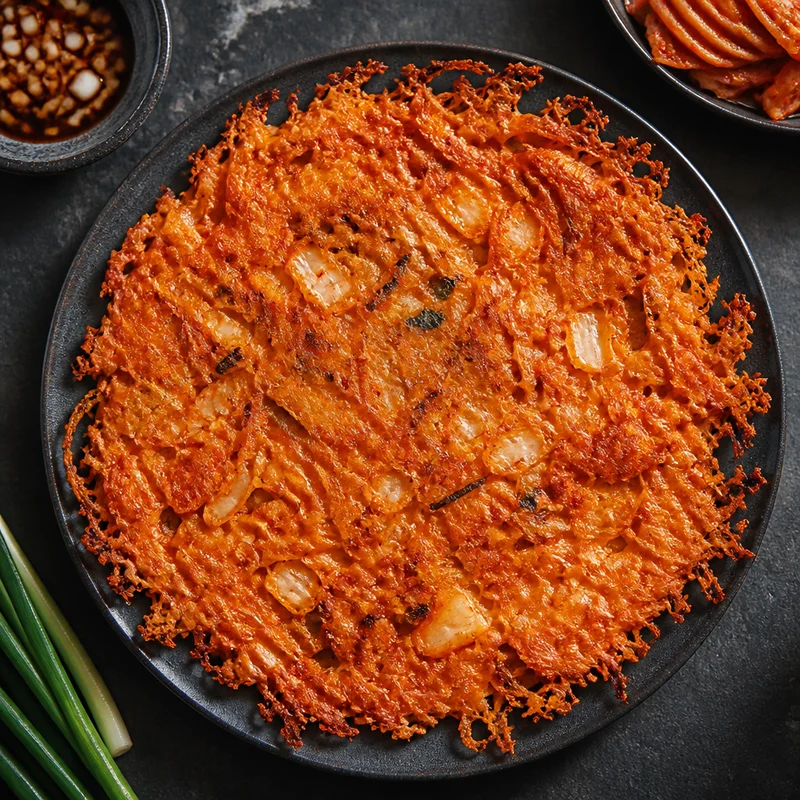 Lacy-Edged Kimchi Pancake with Soy-Vinegar Dipping Sauce