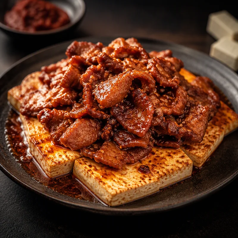 Spicy Gochujang Pork over Warm Tofu Slabs