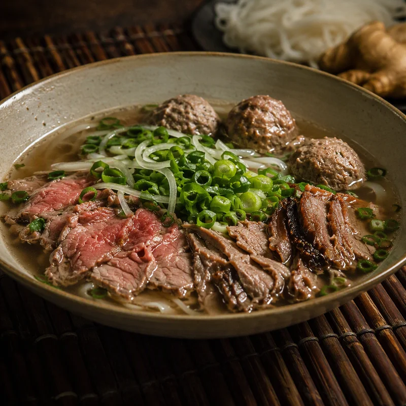 Combination Pho with Rare Steak, Brisket and Beef Meatballs