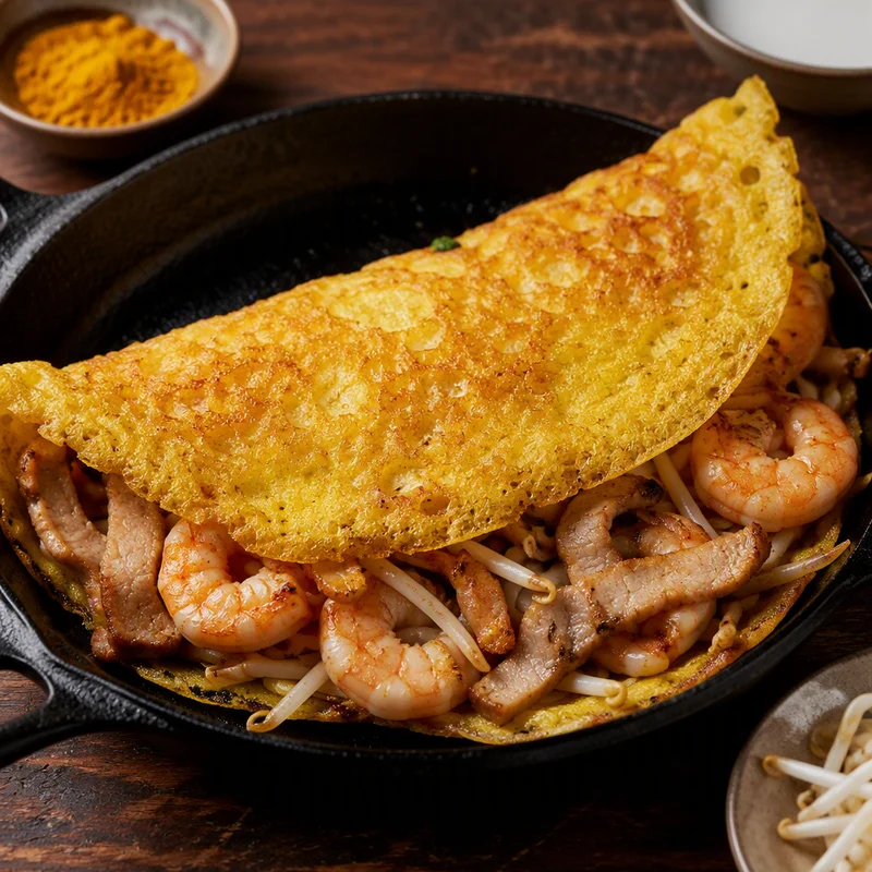 Crispy Vietnamese Sizzling Crepes with Pork, Shrimp & Herbs