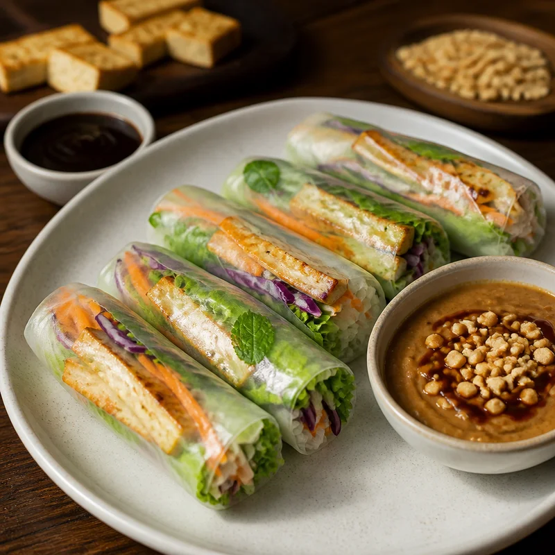 Crispy Tofu Fresh Spring Rolls with Peanut Dipping Sauce