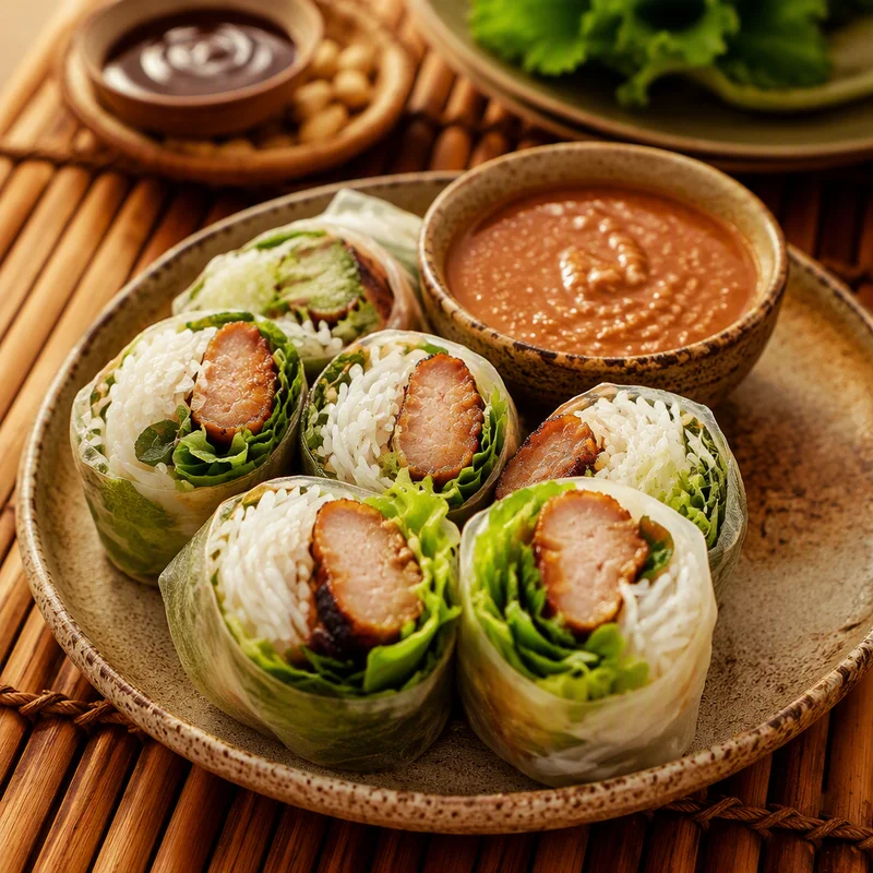 Grilled Vietnamese Pork Sausage Rice Paper Rolls with Peanut-Hoisin Dip