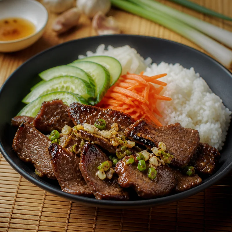 Vietnamese Grilled Beef Rice Plate with Scallion Oil