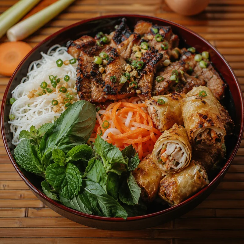 Combination Vermicelli Noodle Bowl with Lemongrass Pork and Crispy Egg Rolls