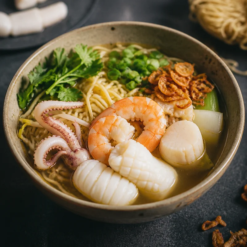 Vietnamese Seafood Egg Noodle Soup with Springy Egg Noodles