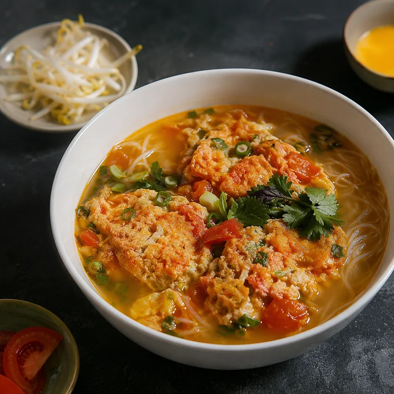 Crab and Tomato Rice Noodle Soup with Herbs