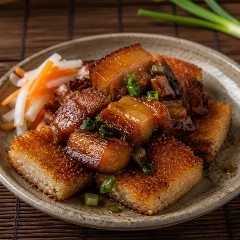 Crispy Fried Sticky Rice Patties with Caramel-Braised Pork