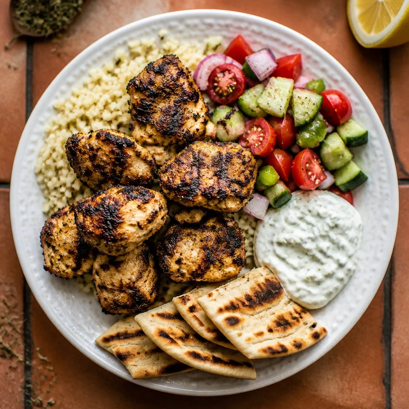Chicken Kebab Platter with Lemon Rice, Tzatziki & Chopped Salad