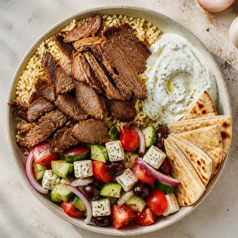 Gyro Platter with Lemony Rice, Tzatziki and Village Salad