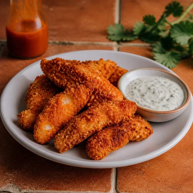 Crispy Buffalo Chicken Tenders with Ranch Crema