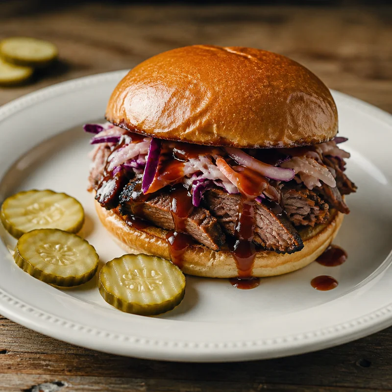 Brisket Sandwich on Buttered Brioche with Quick Slaw
