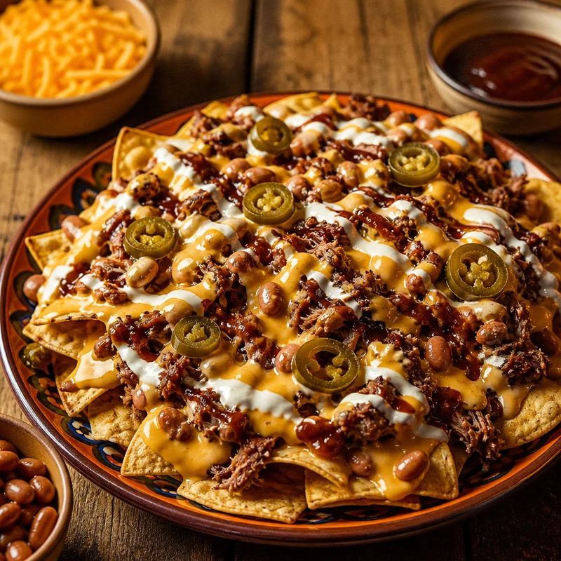 BBQ Pulled Pork Nachos with Pourable Cheddar Sauce